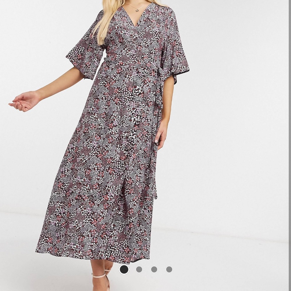 Liquorish wrap midi dress in pink/purple floral print